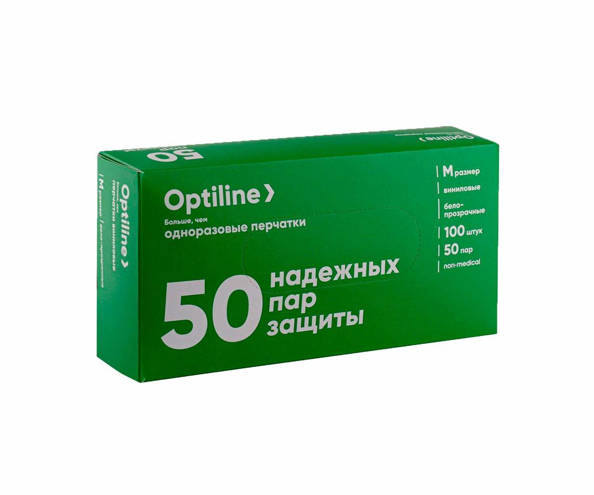 Перчатки виниловые Optiline , бело-прозрачные , М , 100 шт