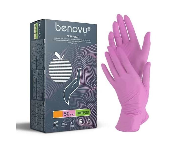 Перчатки нитриловые BENOVY, M Розовые, 100 шт